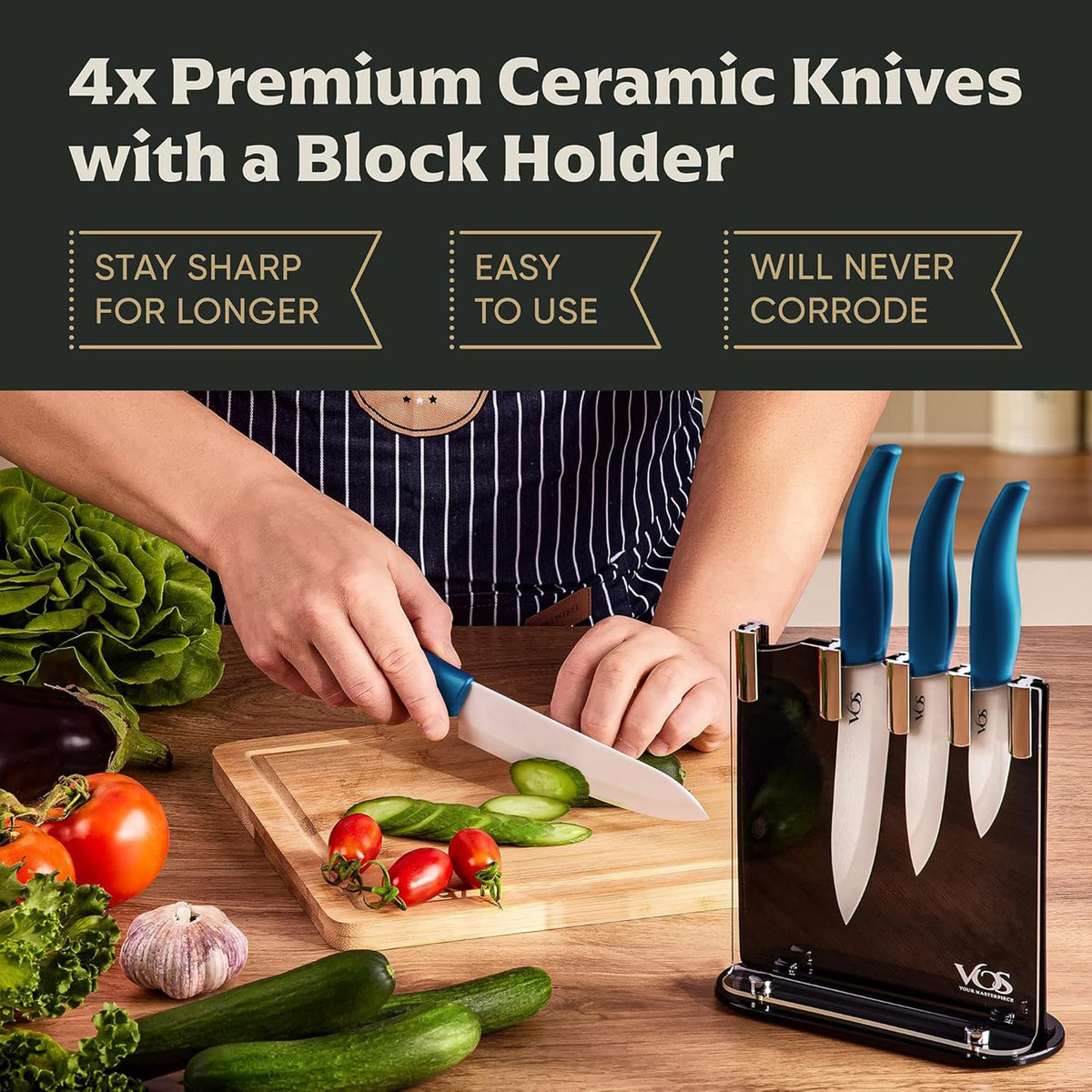 Vos Ceramic Knife Set with Block, Ceramic Knives Set For Kitchen, Ultra Sharp Kitchen Knife Set with Covers, 3" 4" 5" 6" Chef Knife, Utility, Paring & Versatile, Lightweight, Dishwasher safe (Blue)