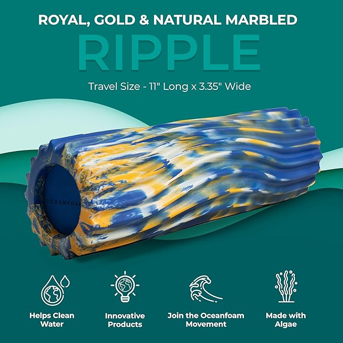 Oceanfoam Ripple Travel Foam Roller (11" x 3.35") Firm Mini Foam Roller for Physical Therapy, Deep Tissue Massage, Back Pain, High Density, Wave Textured, Yoga, Exercise (Royal Gold & Natural Marbled)