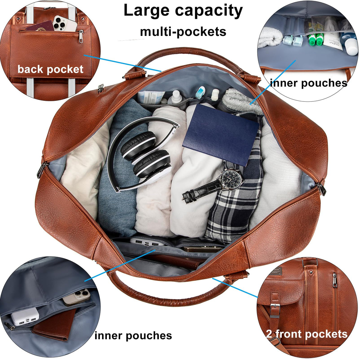 weiatas Faux Leather Travel Duffel Bag for Women Men, Large Weekender Overnight Bag with Shoes Compartment, Waterproof Carry On Bag Travel Tote Bag Gym Bag with Luggage Strap (Brown)