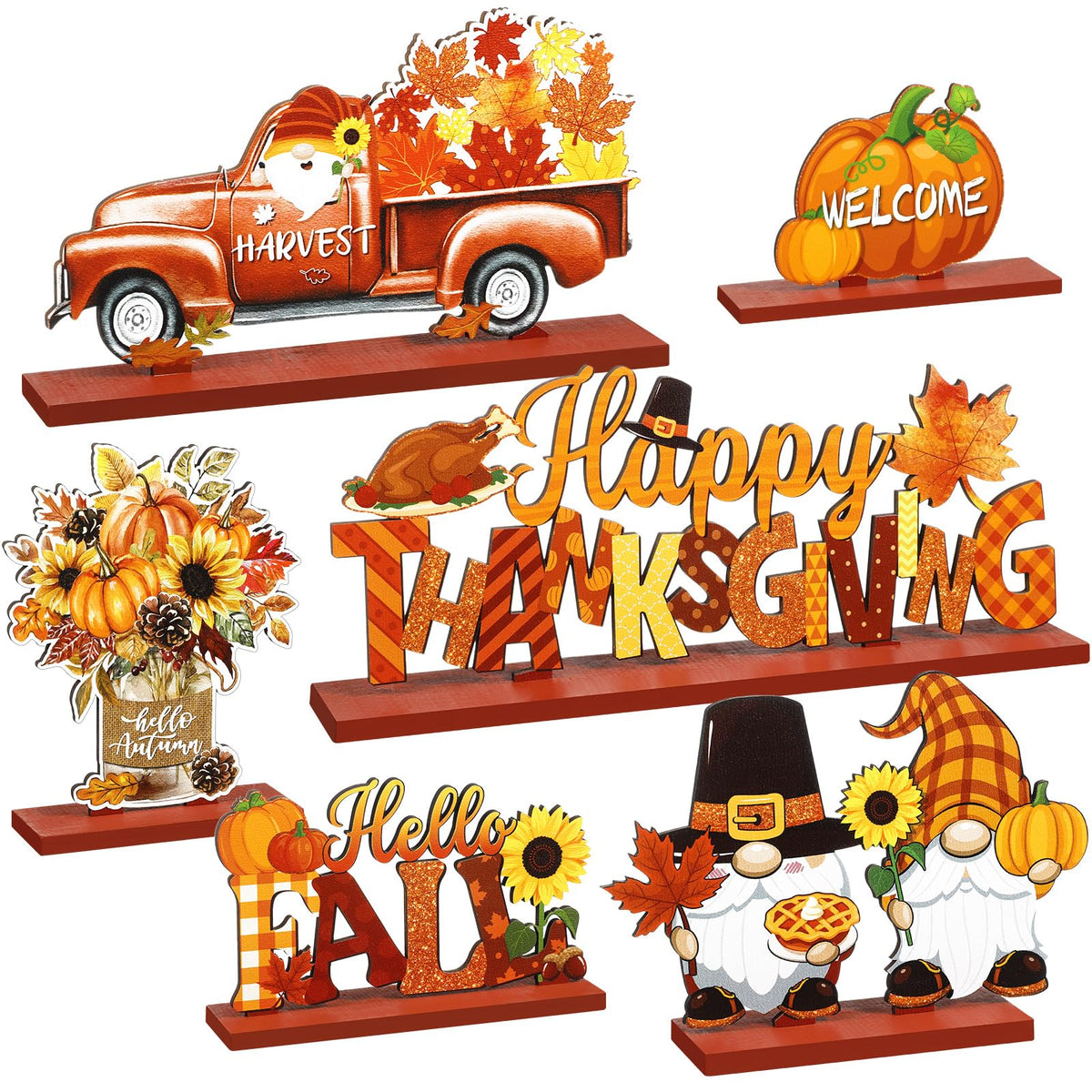 Blosssound 6 Pcs Fall Table Decorations Wooden Thanksgiving Table Signs Hello Fall Truck Gnomes Pumpkin Sunflower Centerpieces for Autumn Harvest Happy Thanksgiving Party Decor Supplies Gifts