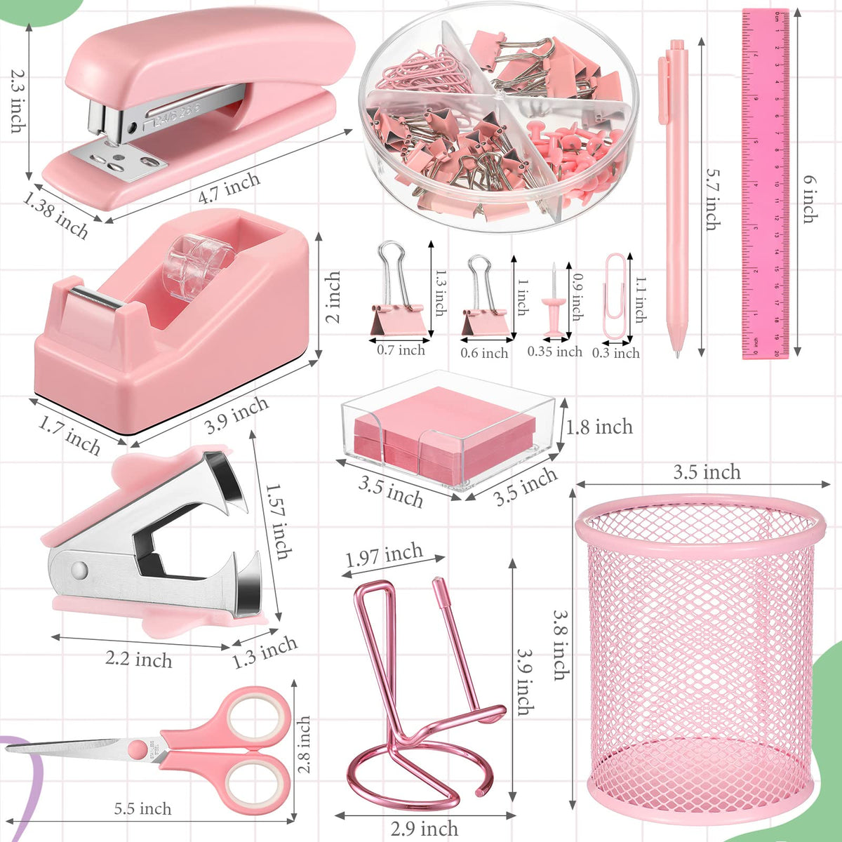 Sabary 12 Pack Pink Desk Accessories Office Supplies Set Include Stapler Staple Scissor Staple Remover Tape Dispenser Ballpoint Pen Sticky Notes Holder Phone Holder Ruler Pen Organizer for Gift