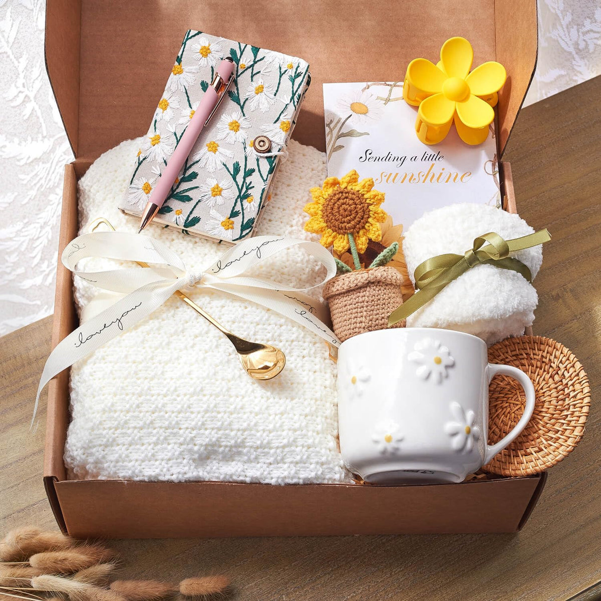 GivLovely Thinking of You Gifts for Women & Cozy Self Care Gift Box | Get Well, Birthday | Sunflower Themed Care Package | A Sending Sunshine Hug in a Box