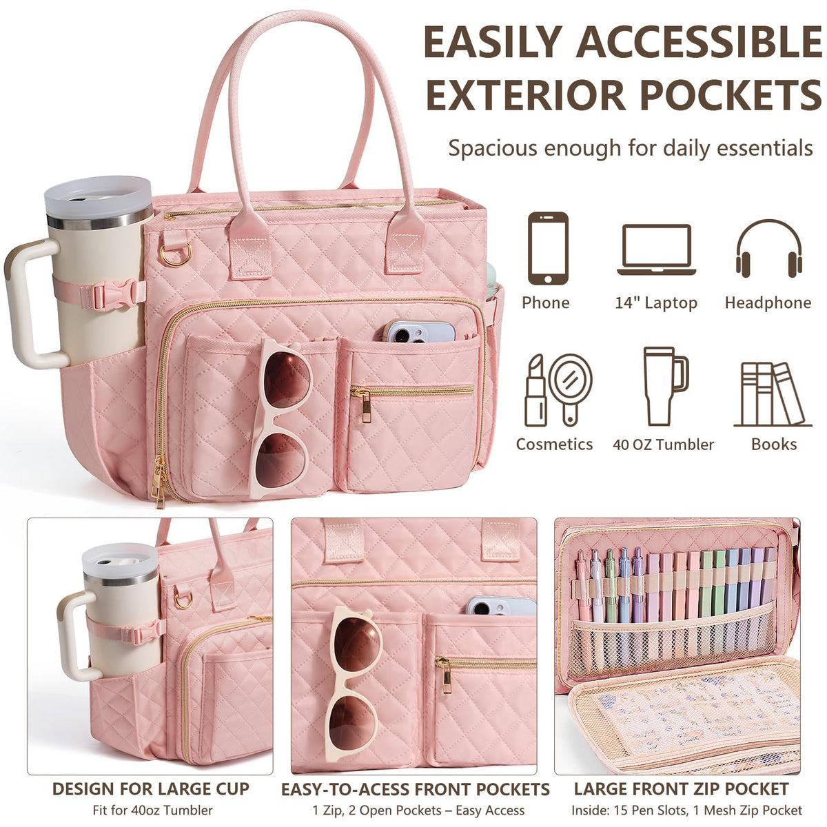 Large Bible Bag with Bible Cover Case for Women, Quilted Church Tote Bag Carrying Case w/Shoulder Strap Bible Study Supplies Journaling Kit Accessories Mothers Day Christian Gift for Women Mom Teacher