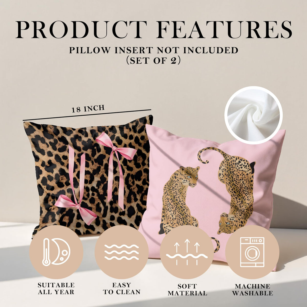 GTYNU Trendy Funky Pink Cheetah Coquette Bow Lip Pillow Covers 18x18 Set of 2,Cheetah Leopard Lover Gifts for Women,Coquette Preppy Pillow Covers for Girls Room Dorm Apartment Decor