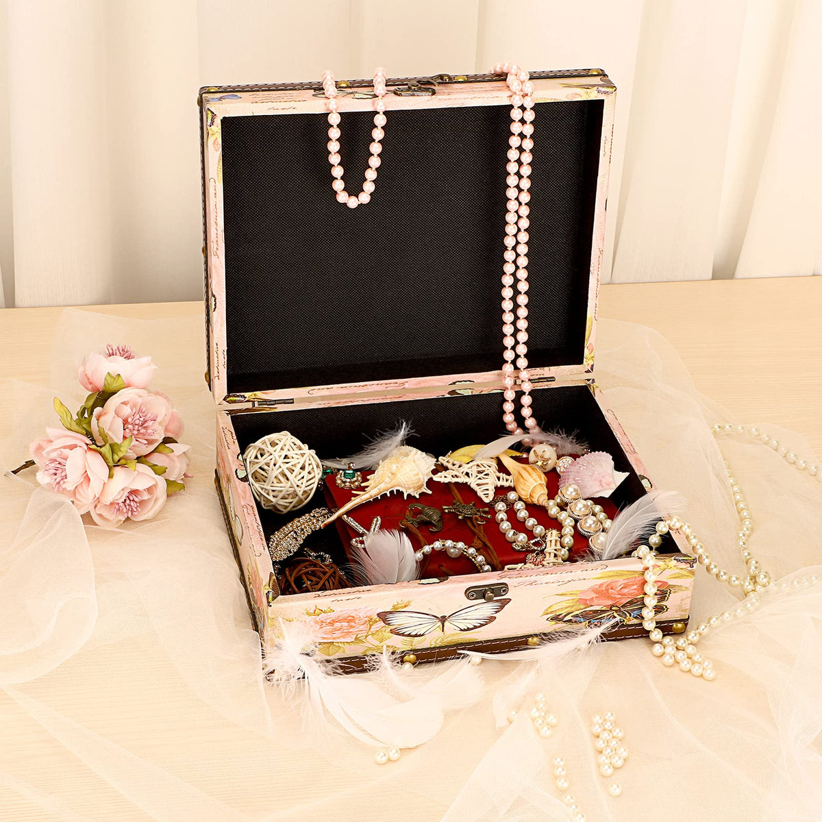 ELLDOO Butterfly Treasure Chest Box, Wooden + PU Leather Storage Decorative Box for Jewelry Trinkets Photos, Rectangular Keepsakes box for Girls Women Gifts