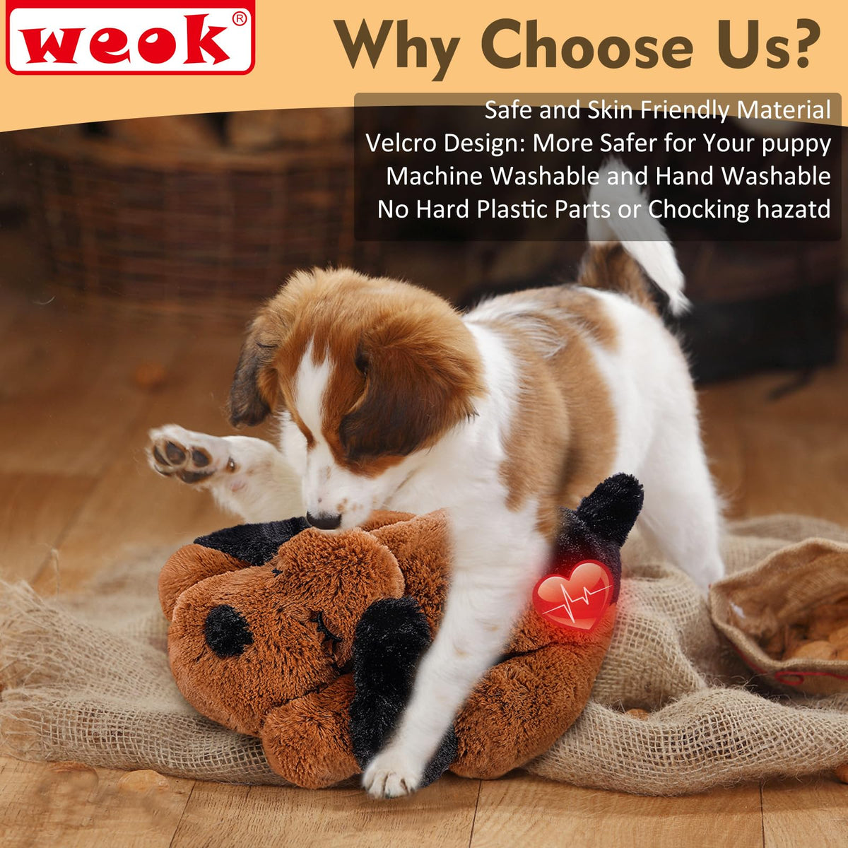 WEOK Heartbeat Puppy for Dogs, Helps for Anxiety Relief and Calming, Stuffed Animal Anxiety Calming Behavioral Puppy Heartbeat Toy Sleep aid for Cats Pets（for Small Breeds）