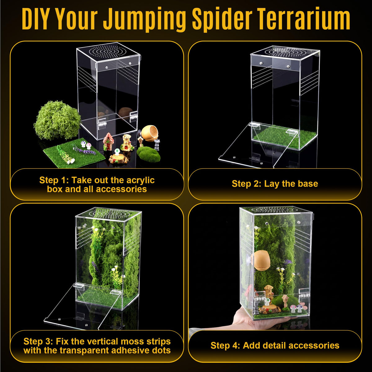 Feekoon Jumping Spider Enclosure Kit, Acrylic Insect Terrarium, Transparent Bug Habitat for Praying Mantis & Small Arboreal Species, Complete Starter Tank with Ventilation