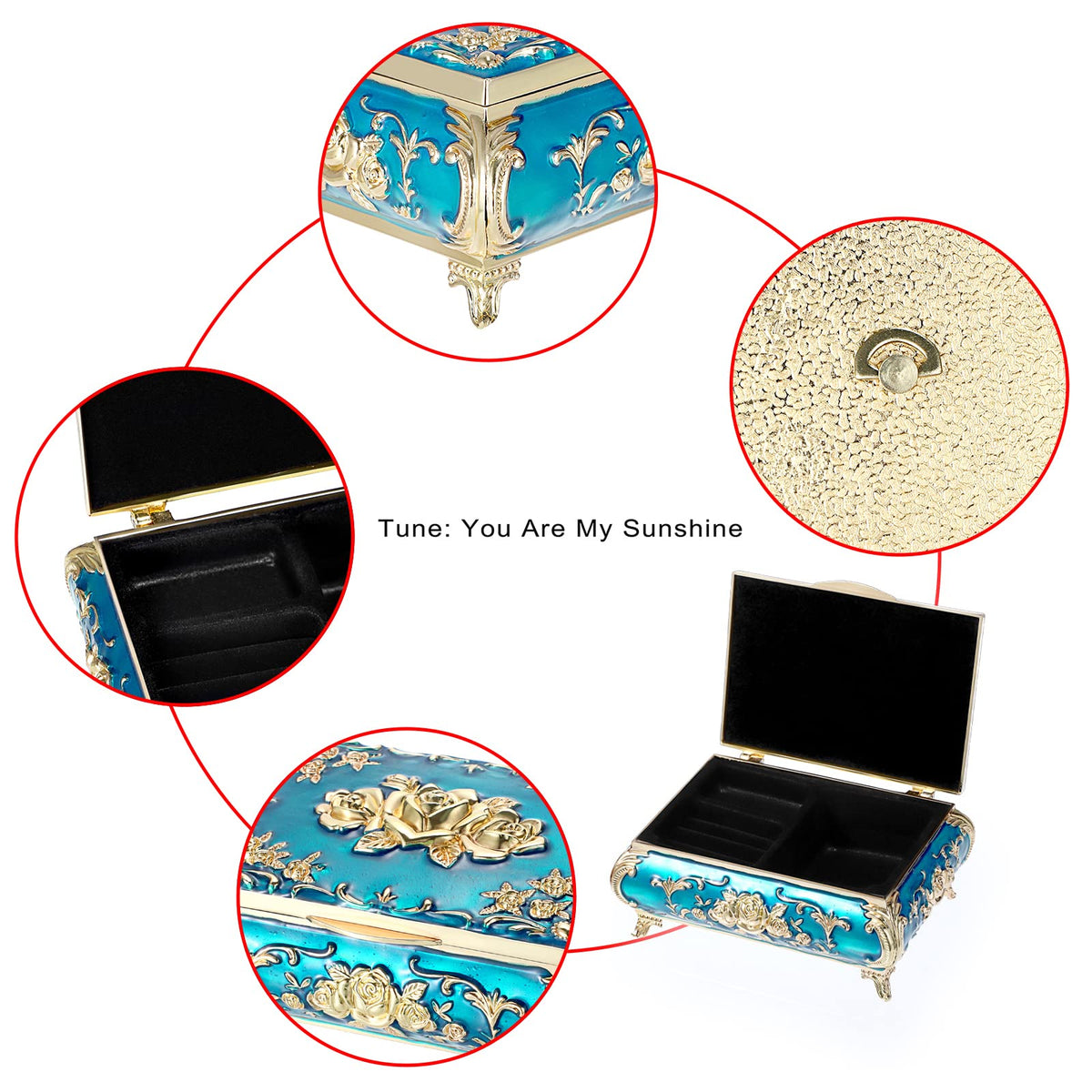ELLDOO Vintage Music Box, Blue Metal Musical Jewelry Box Keepsake Box, Small Trinket Jewelry Storage Box Gift for Girl Women (Tune: You are My Sunshine)