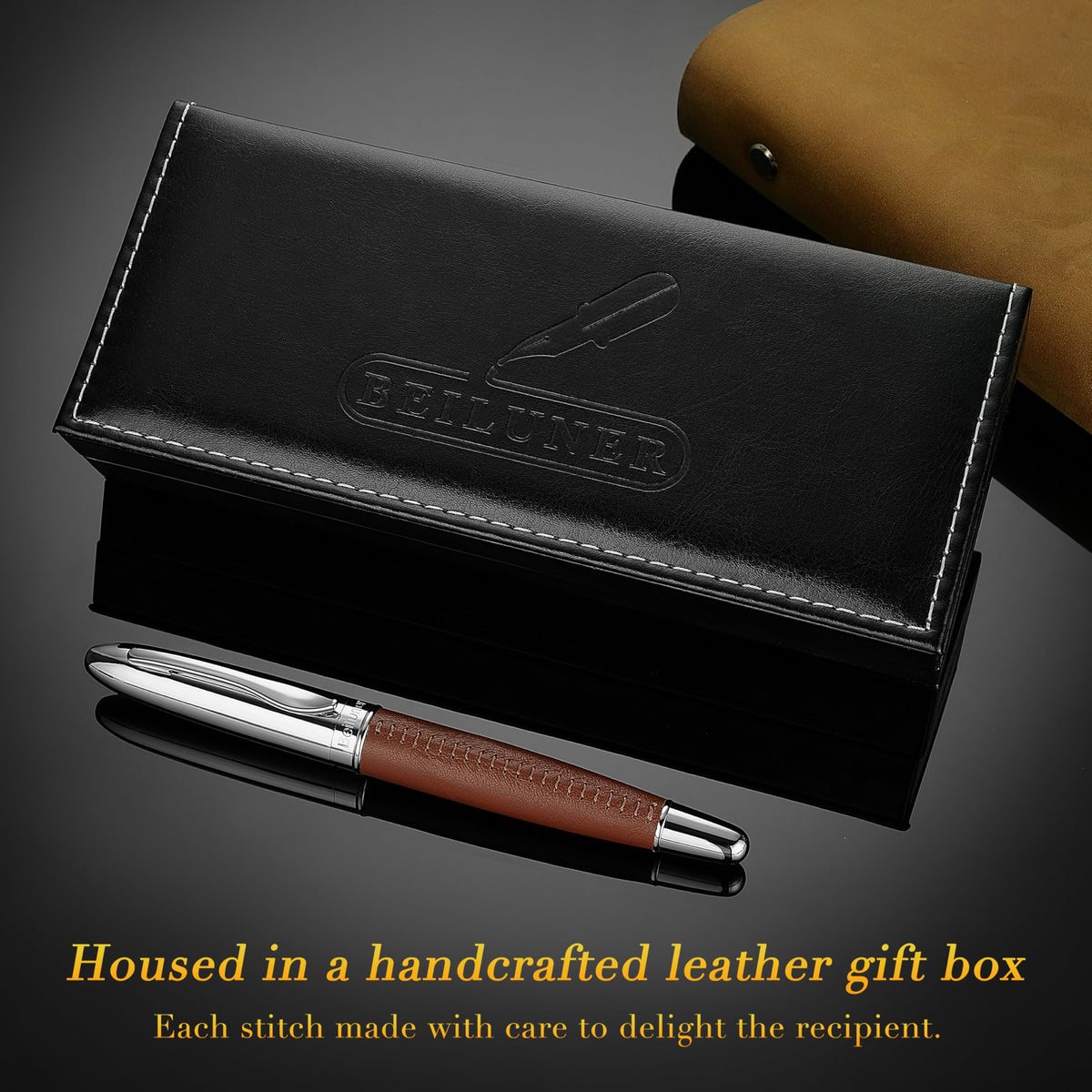 BEILUNER 318 Luxury Leather Pen, Hand-Stitched Premium Leather, Chrome-Plated Finish, Schmidt Ink Refill, Fancy Rollerball Pen Gift Set for Men & Women, Executive Writing, Nice Designer pen