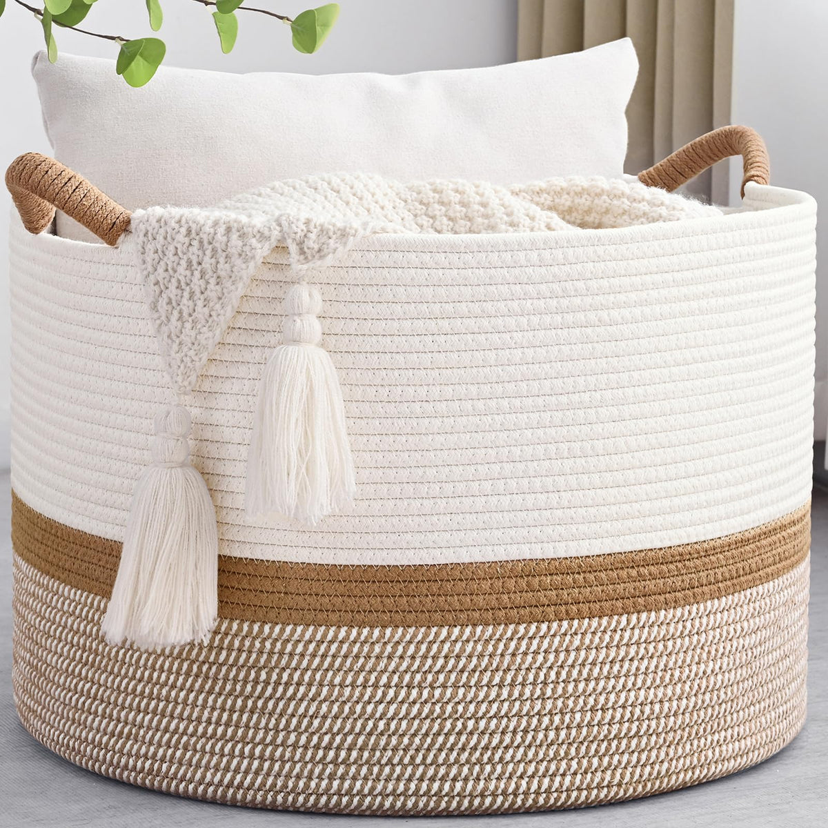 Degeyoyo 67L Large Blanket Basket, 20"x13" Woven Storage Baskets With Handle, Cotton Rope Blanket Basket Living Room, Baby Laundry hamper for Blanket, Nursery, Toy, Pillow (White & Brown)