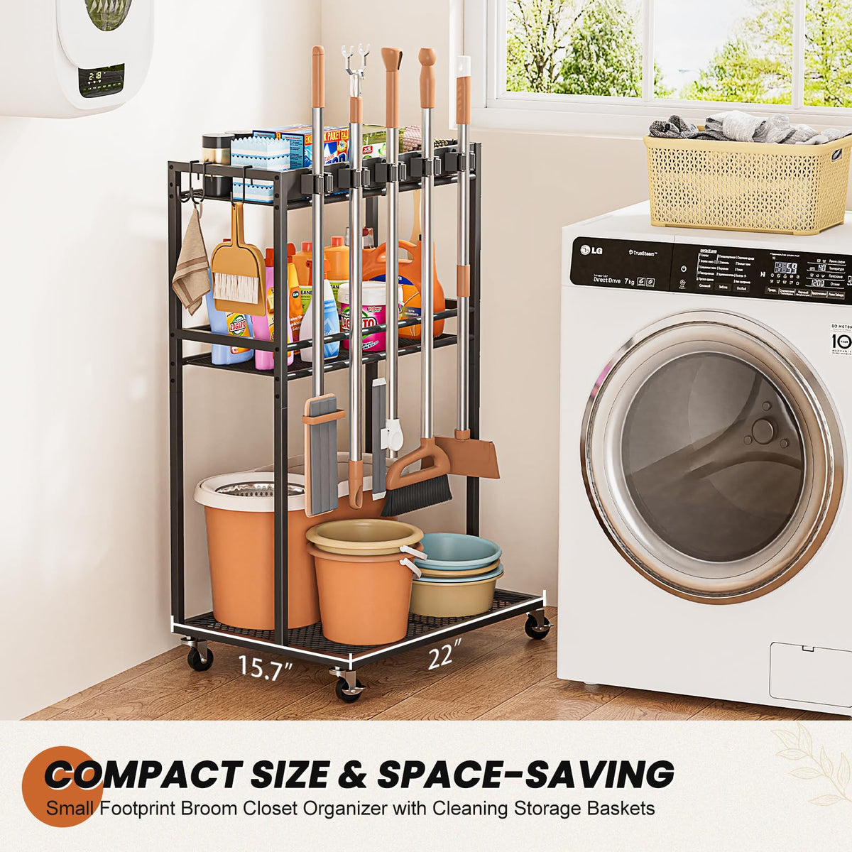 Broom Holder with Cleaning Supplies Organizer, Broom Closet Storage Cabinet with Mop Hanger Gripper Rack Hooks, Cleaning Housekeeping Janitorial Cart with Cleaning Caddy, Laundry Room Organization