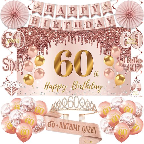 60th Birthday Decorations for Women, Pink Gold Happy 60th Birthday Banner Crown and Sash Balloons Backdrop Hanging Swirls Paper Fans, 60 Years Old Party Supplies Kit 32PCS