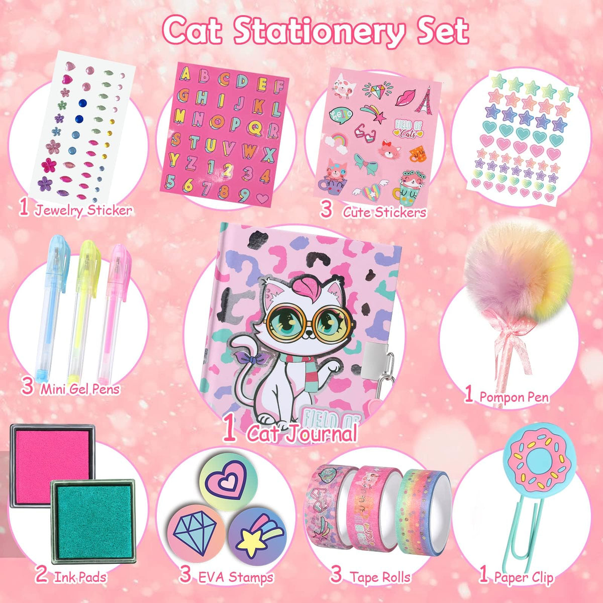 YOYTOO Cat Diary for Girls with Lock, Cat Stationery Set with Secret Diary, Stamps, Pens, Journal Notebook Birthday Gifts for Little Girls Age 5 6 7 8 9 10