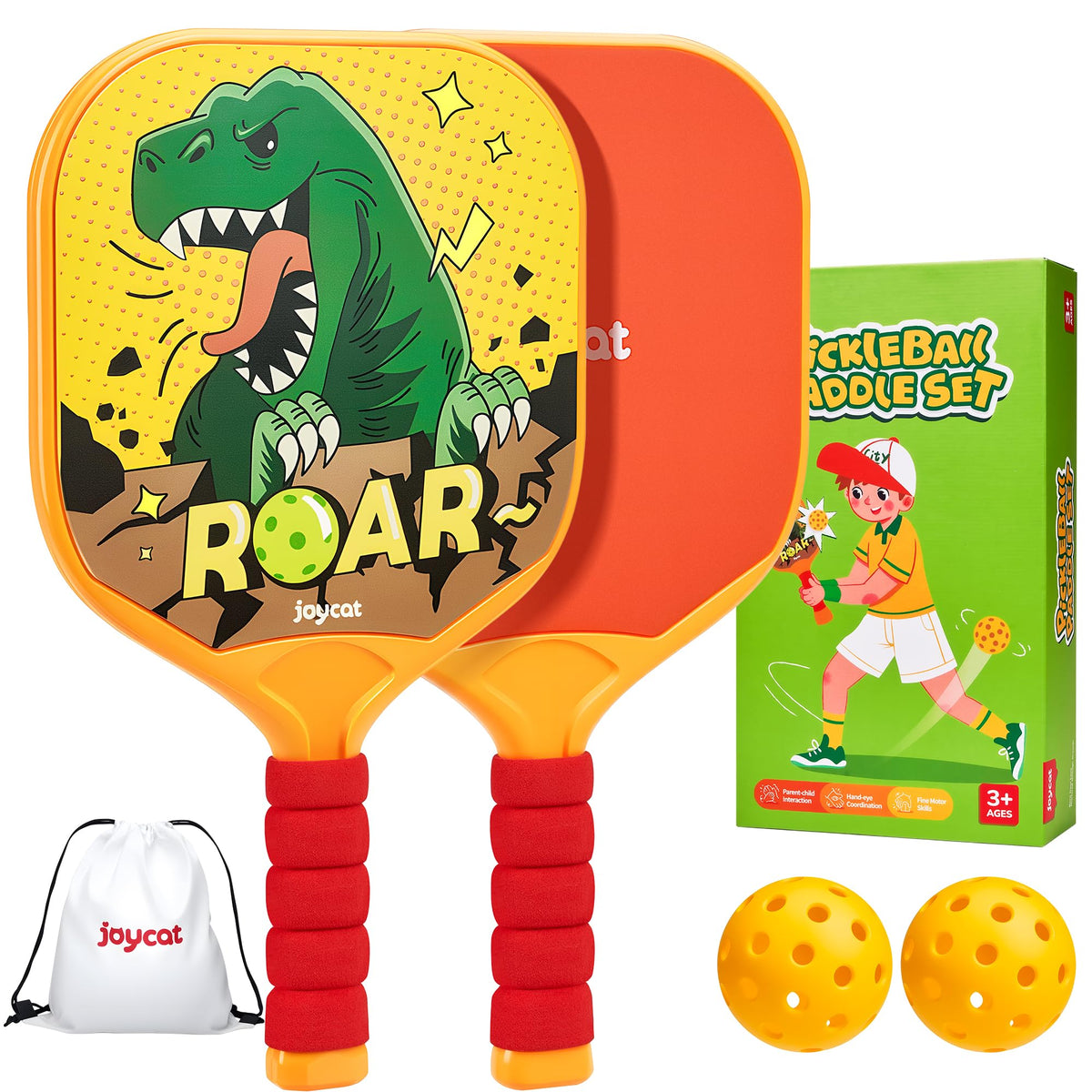 Joycat Kids Pickleball Paddles Set of 2, Lightweight Plastic Cute Pickleball Paddles for Kid with Small Grip, 2 Pickleballs, 1 Drawstring Bag,Indoor Outdoor Sport Gifts for Kids,Beginner (Dinosaur)