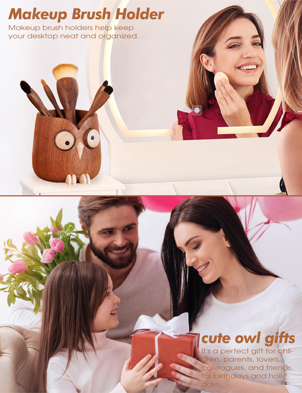 WODTILIFE Cute Owl Pen Holder for desk, funny wooden pencil holder with Magnetic Rotating Eyes emoji, Ebony solid wood hollow design, for Office accessories School Home and Holiday Gifts.(Brown)