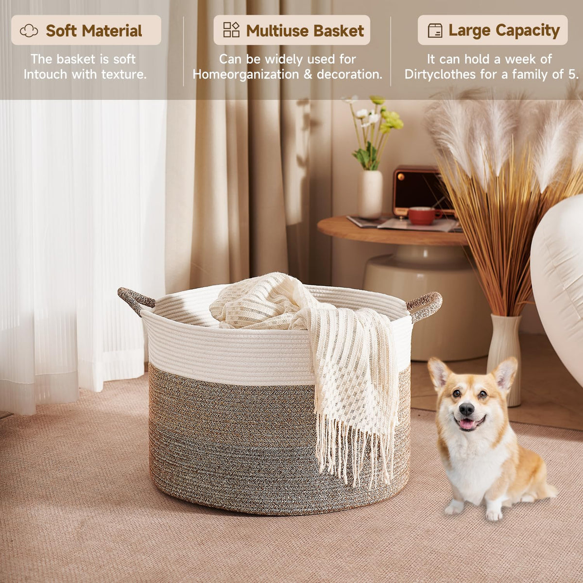 CLHMILY&Z Round Cotton Rope Storage Basket - 22x14.2 Inches - Stylish Nursery Storage Bin, Baby Toy Organizer, Soft Cotton Basket for Home Decor, Multi-Purpose Storage Solution