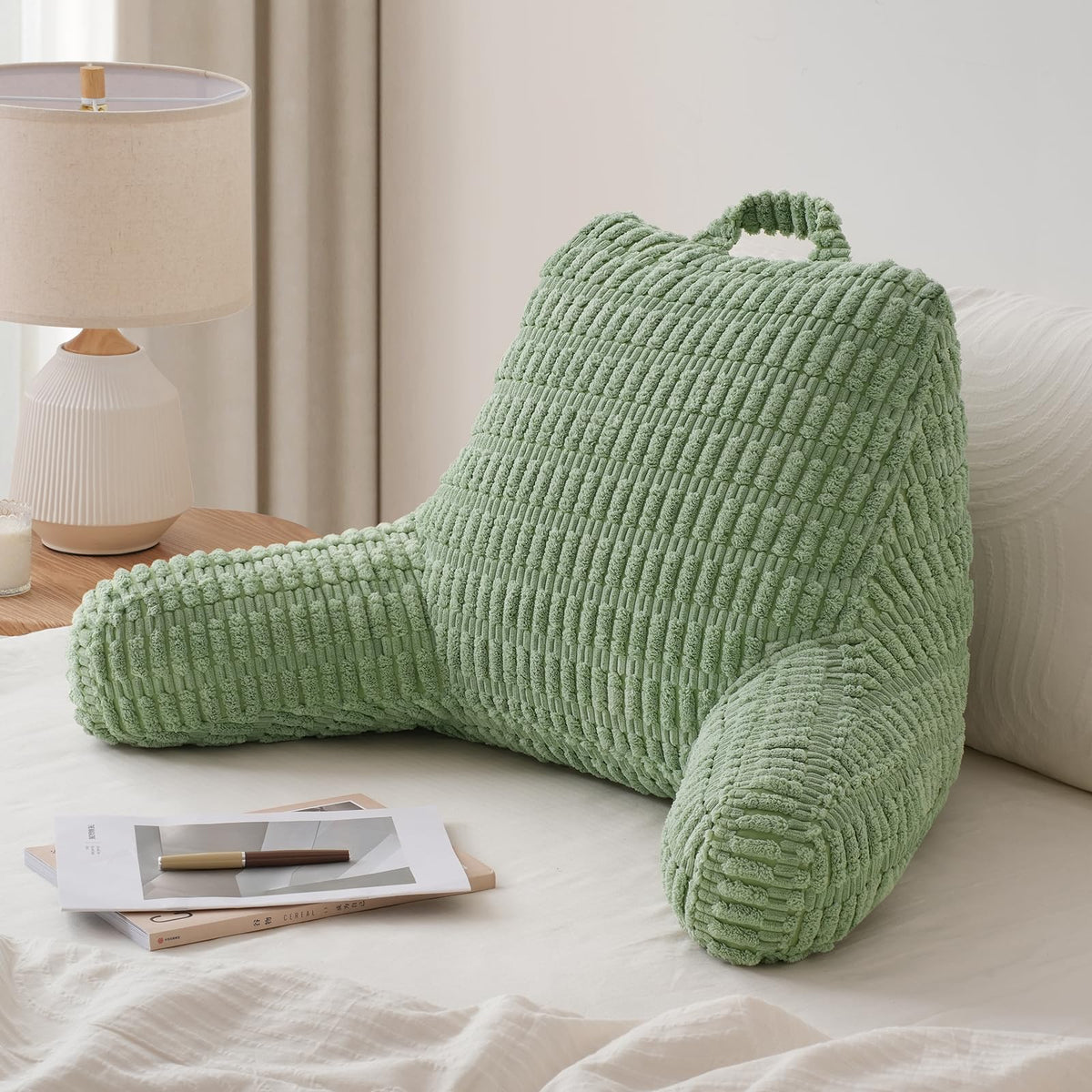 Blissful Diary Reading Pillow, Backrest Pillow with Shredded Memory Foam for Adult & Children, Designed for Bed and Couch Sitting Up, Includes Arms, Pockets and Washable Cover, Sage Green