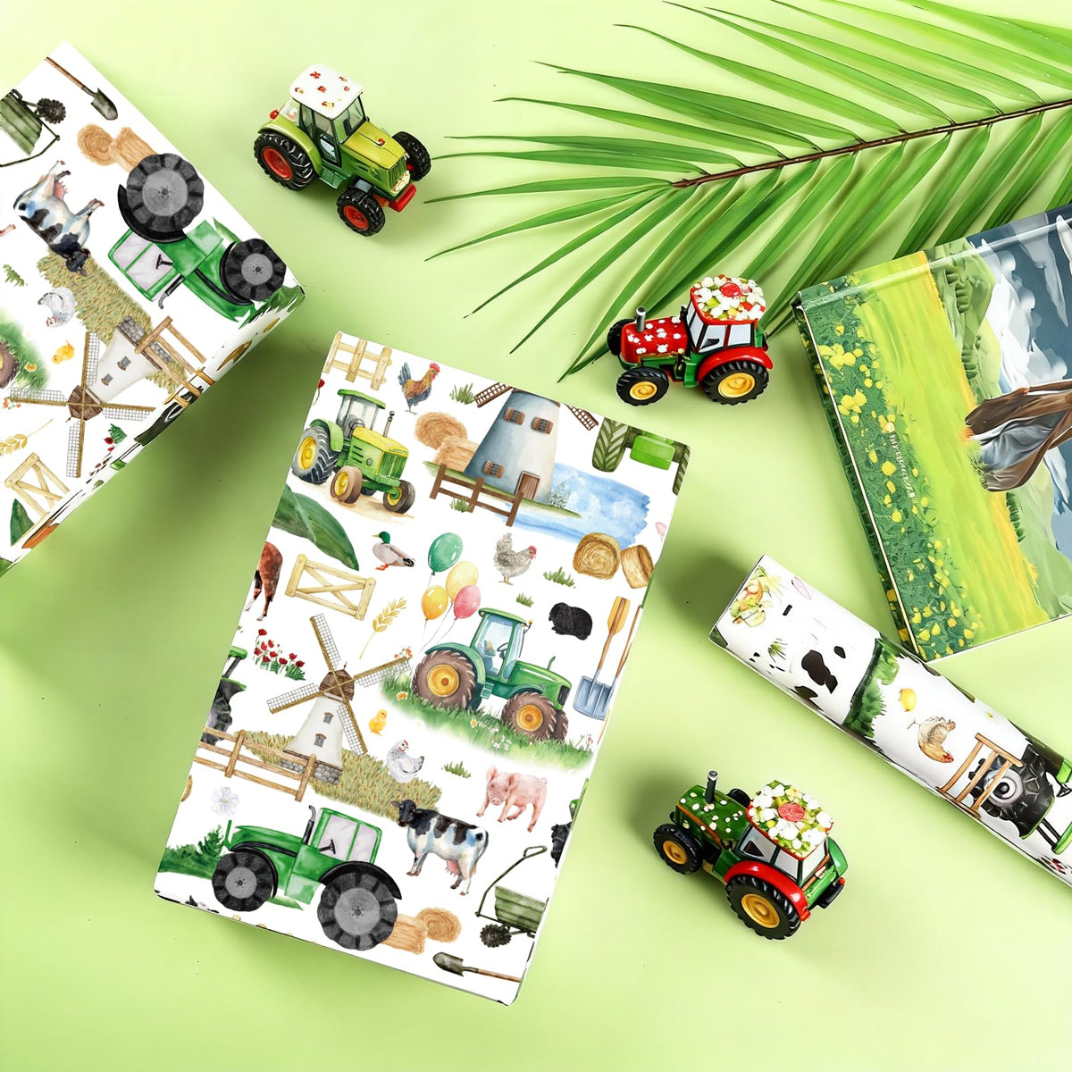 Pineraap Farm Birthday Gift Wrapping Paper Roll, 17 Inch × 16.4 Feet, Farm Animal Gift Wrap, Green Tractor Birthday Wrapping Paper for Farm Lovers Baby Shower Holiday Rustic Party Decoration