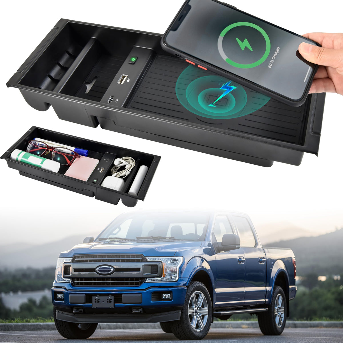POKIAUTO Wireless Charger for F150 2009-2023, Center Console Organizer Box Fast Wireless Chargering with USB-A USB-C Port for Ford F150 2009-2021 2022 2023 Accessories