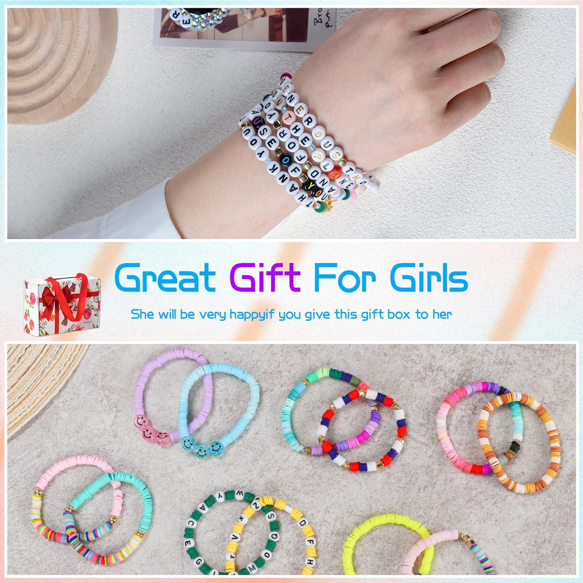 SJZWSD 6-Box Friendship Bracelet Making Kit - 16,000pcs Clay, Seed & Glass Beads Collection, Letter Beads, Charms