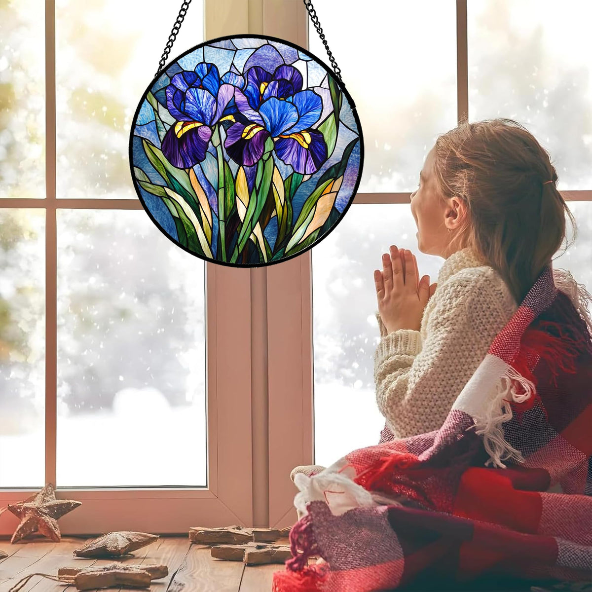 CRISGIF Stained Glass Window Hanging - Blue Purple Iris Flower Suncatcher for Door Garden Patio Sun Catchers Decor Christmas Mother's Day Birthday Gifts for Women Men Mom Nana Aunt Friend 6.3 in