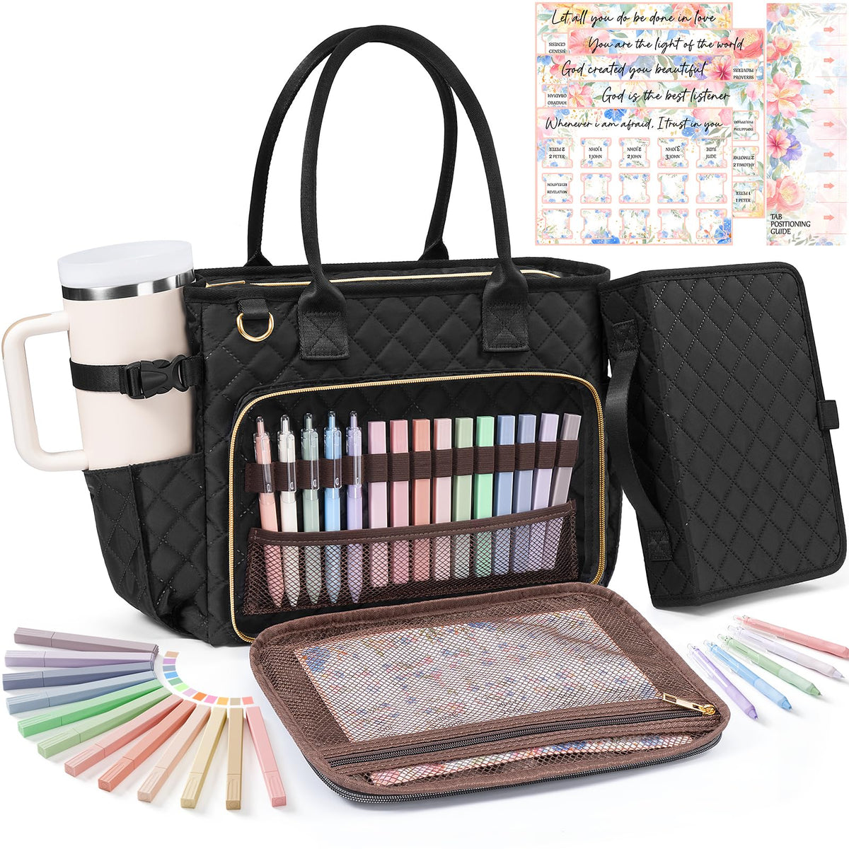 Large Bible Bag with Bible Cover Case for Women, Quilted Church Tote Bag Carrying Case w/Shoulder Strap Bible Study Supplies Journaling Kit Accessories Mothers Day Christian Gift for Women Mom Teacher