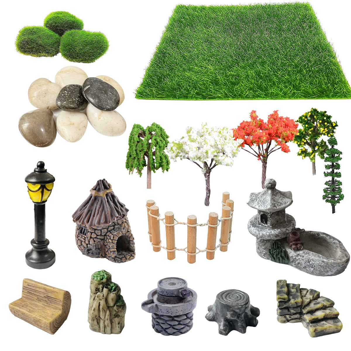 Cayway 26 PCS Outdoor Fairy Garden Miniatures Mini Zen Garden Accessories, Artificial Grass, Model Trees, Terrarium Ornaments, Dollhouse Supplies, Bonsai Decorative Craft Tools Kit
