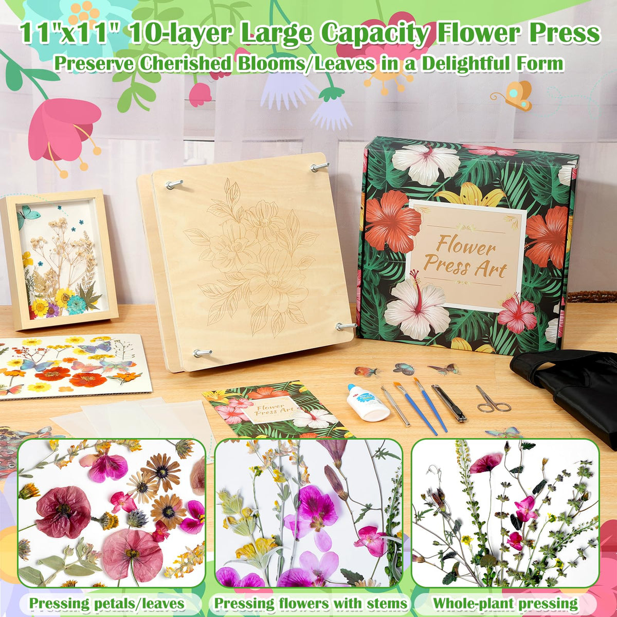 Cruzix 11x11 Large Flowers Press Kit, 10-Layer Wooden Pressing Kit for Adults DIY Flower Preservation & Dried Flowers Art Bookmark Frame Wedding Flower Drying, Gift for Craft Lovers with Storage Bag