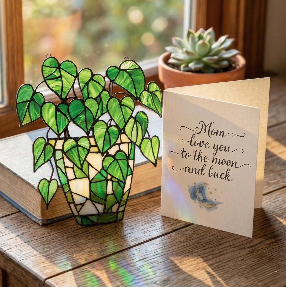 Pothos Monstera Pot Handmade Resin Suncatchers, Artisan Boho Sun Catcher Stained Glass Effect Window Hanging Garden Decor, Gift for Mother's Day Mom Grandma Wife Women