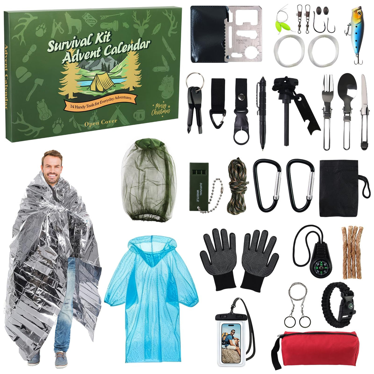 Survival Kit Advent Calendar for Men,24 Day Christmas Countdown Calendar Emergency Survival Gears Gift for Adults, 2025 Xmas Gifts for Outdoor Enthusiasts, Camping, Fishing, Hunting, Hiking