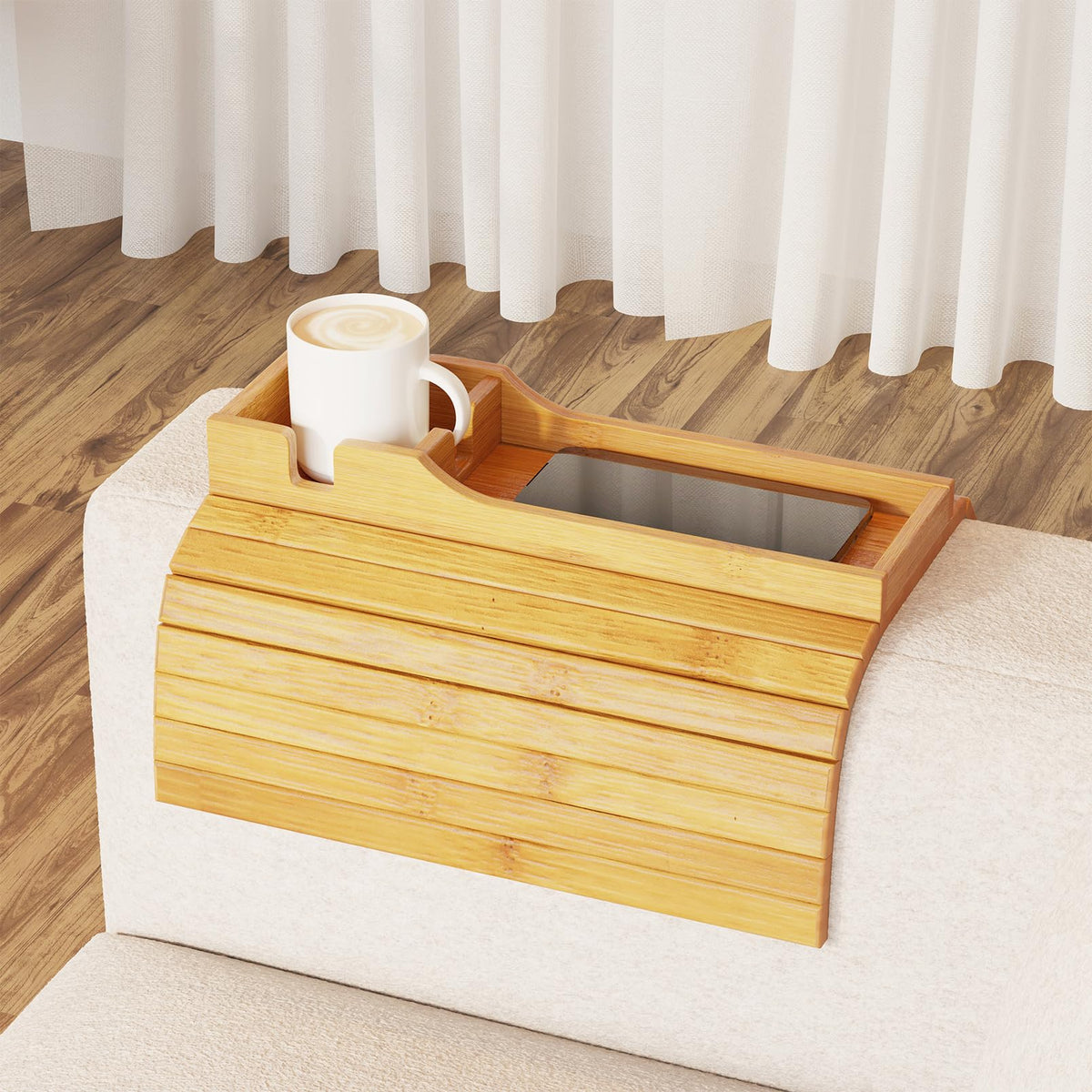SpaceAid Bamboo Couch Cup Holder, Anti Falling Foldable Sofa Armrest Tray with Cup Holder, Couch Arm Side Table Organizer for Drink Cup Remote Snacks (Natural)