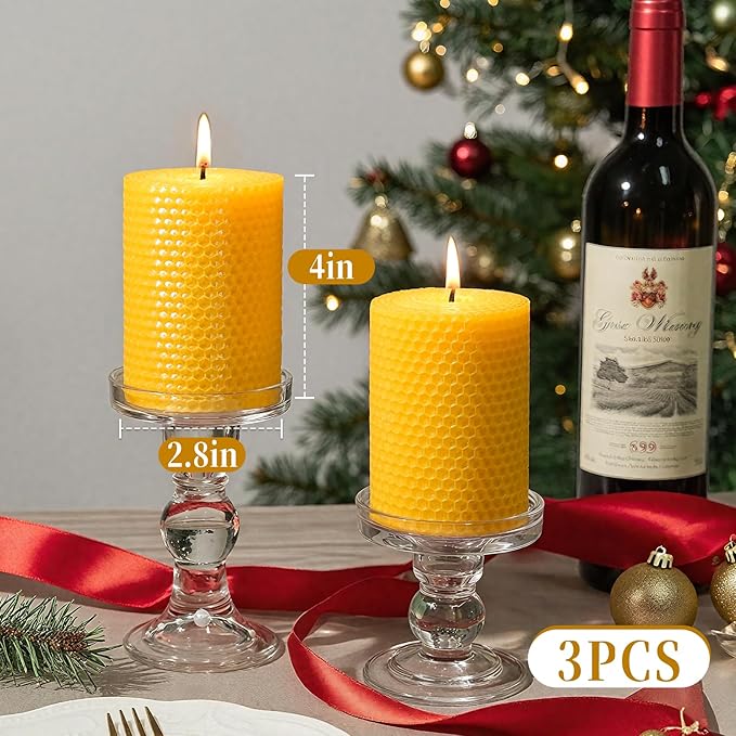 3 Pack Natural Beeswax Pillar Candles,2.8x4in Handmade Beeswax Rolled Candles,96 Hours Long Burning Honeycomb Bees Wax Candle for Gift & Home Decor,Dripless Smokeless Unscented