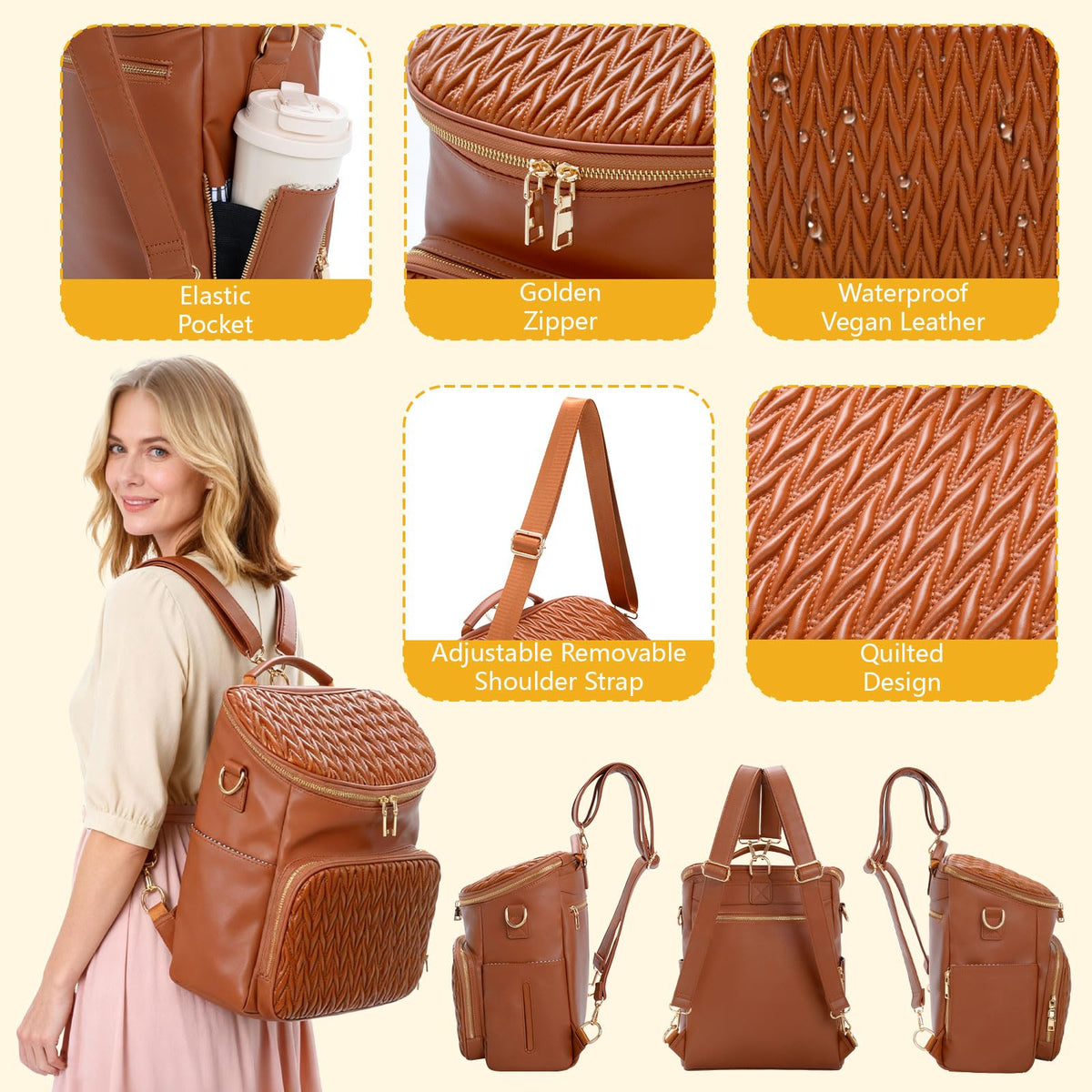 Minsong Diaper Bag Backpack, Fashion Leather Mommy Backpacks, Travel Baby Diaper Bags with in Bag Organizer and Changing Pad (Brown-stripes)
