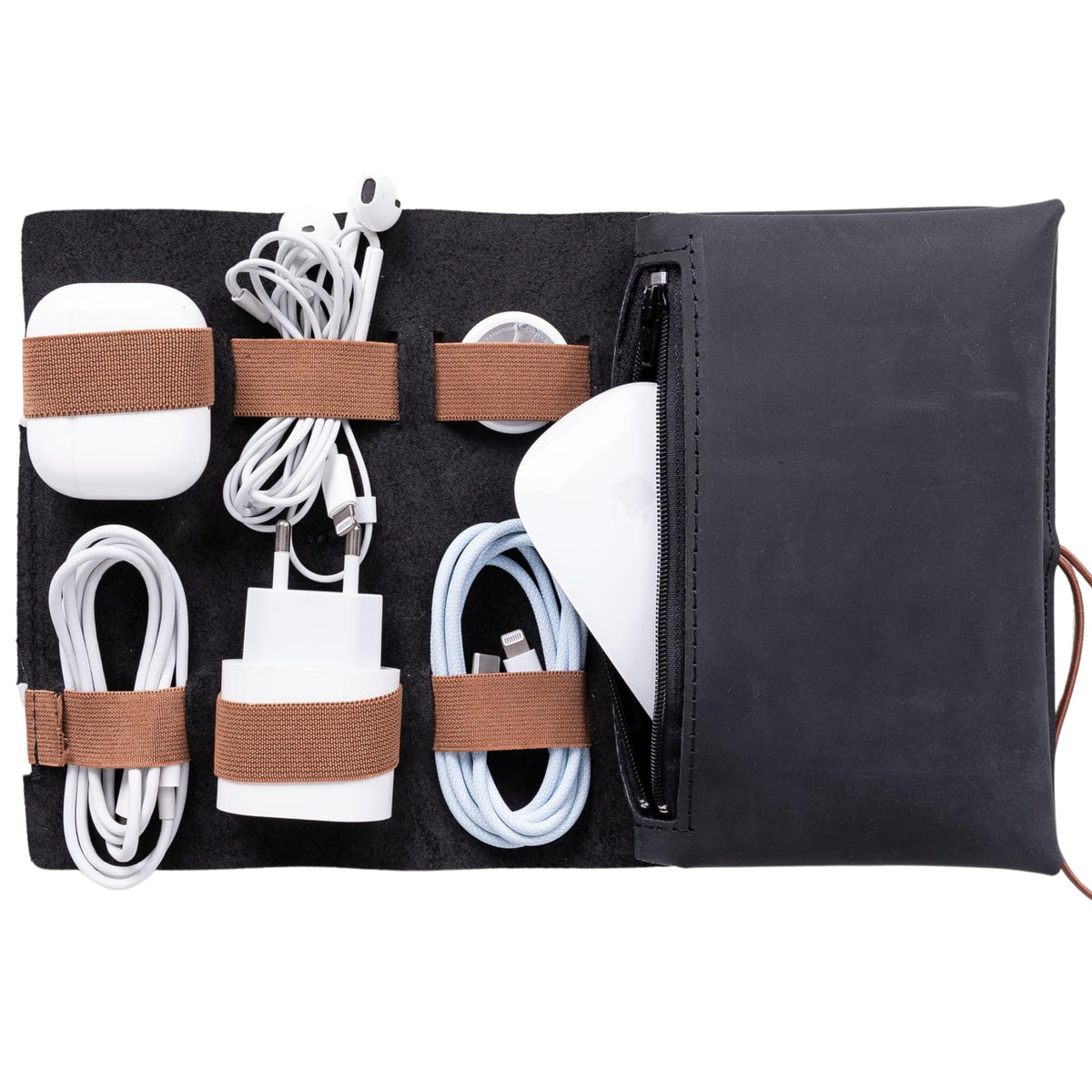 HARDISTON Genuine Leather Electronic Cable Organizer Bag Handmade Travel Cord Organizer Roll Case for Hard Drives, Cables, Charger, Phone, USB, SD Card (Medium - Black)