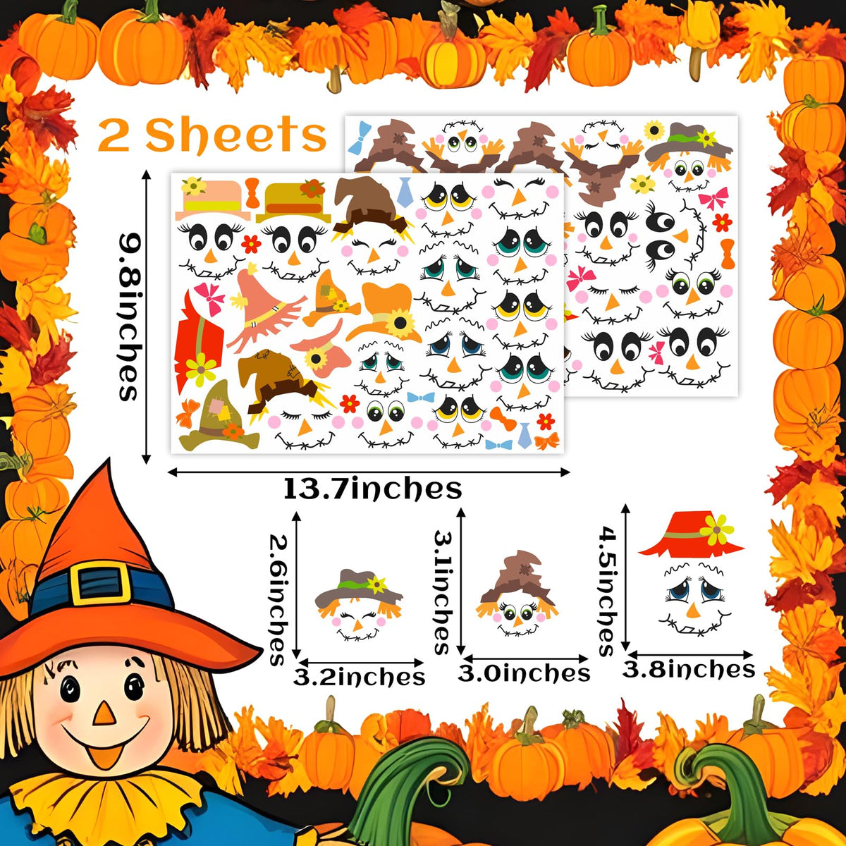 Pumpkin Decorating Stickers Halloween Pumpkin Faces Decals Funny Cartoon Scarecrow Faces Stickers Halloween Glass Decals for Crafts Cups Jars Ornaments Holiday Thanksgiving Party Decorations