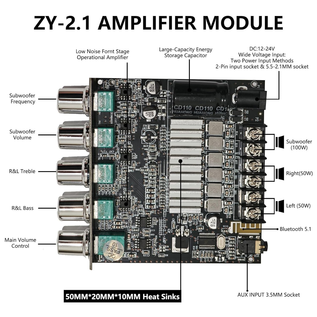 Sigllr 5.1 Board,200W 2.1 Bluetooth Audio Amplifier HiFi Channel Mini Subwoofer Power Amp Module with Treble & Bass