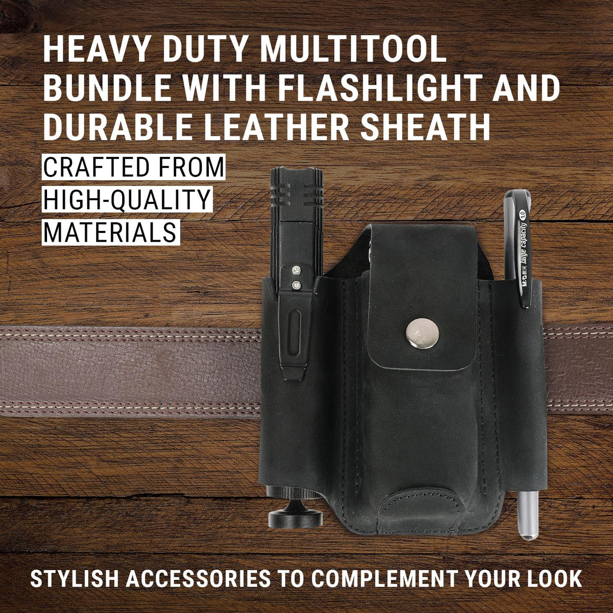 EPG Heavy Duty Multitool Bundle: Leather Case, Multi-Function Flashlight, Screwdriver Bits, 18 Stainless Steel Locking Tools, EDC Gear with Pliers, Bottle Opener, Box Cutter and More, Fits in Pocket