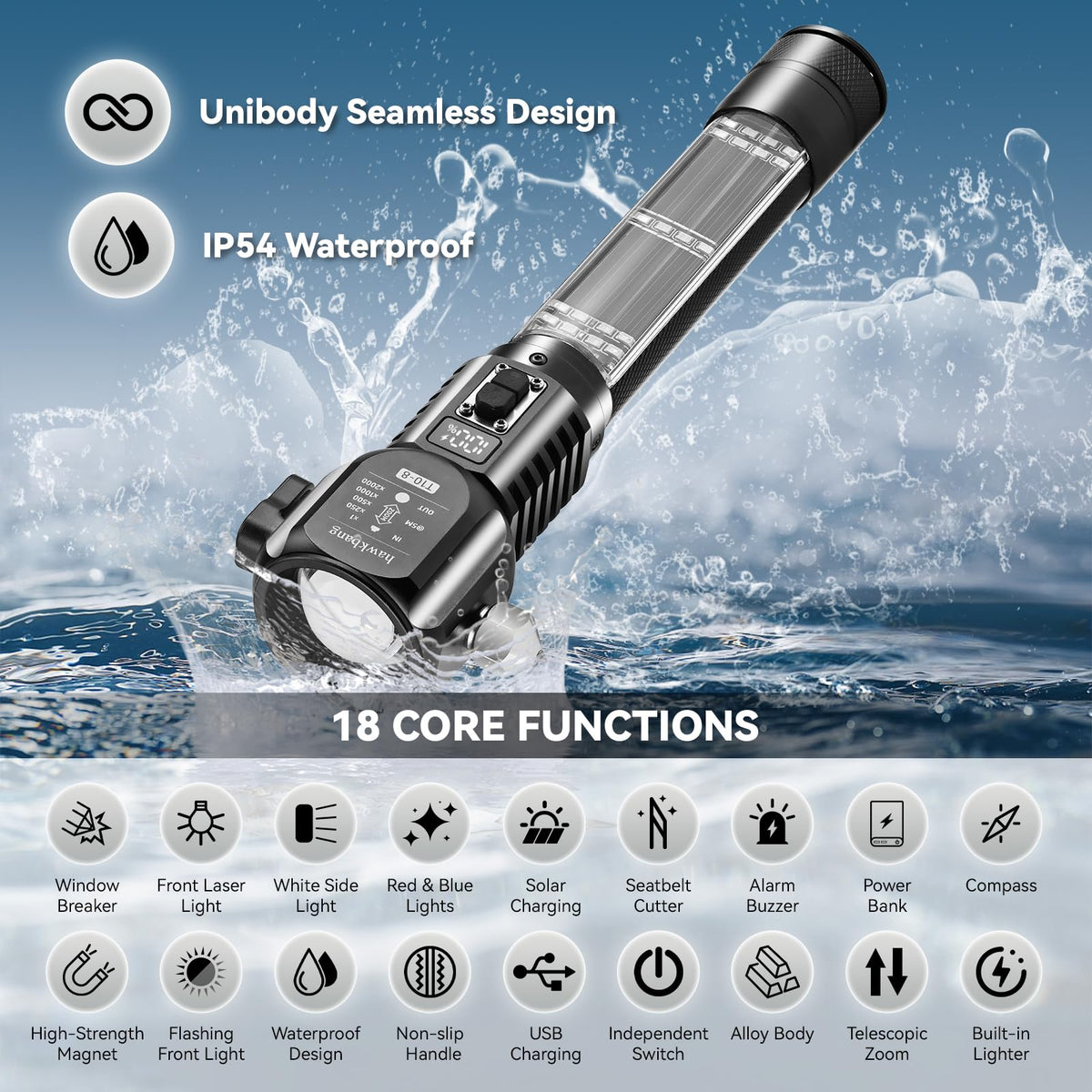 hawkbang 18-in-1 Solar/USB Rechargeable Car Emergency Flashlight Tool - Auto Safety Hammer Glass Breaker, Seatbelt Cutter, Flameless Fire Starter, SOS Alarm, Power Bank, Survival Gear, Driver Gifts