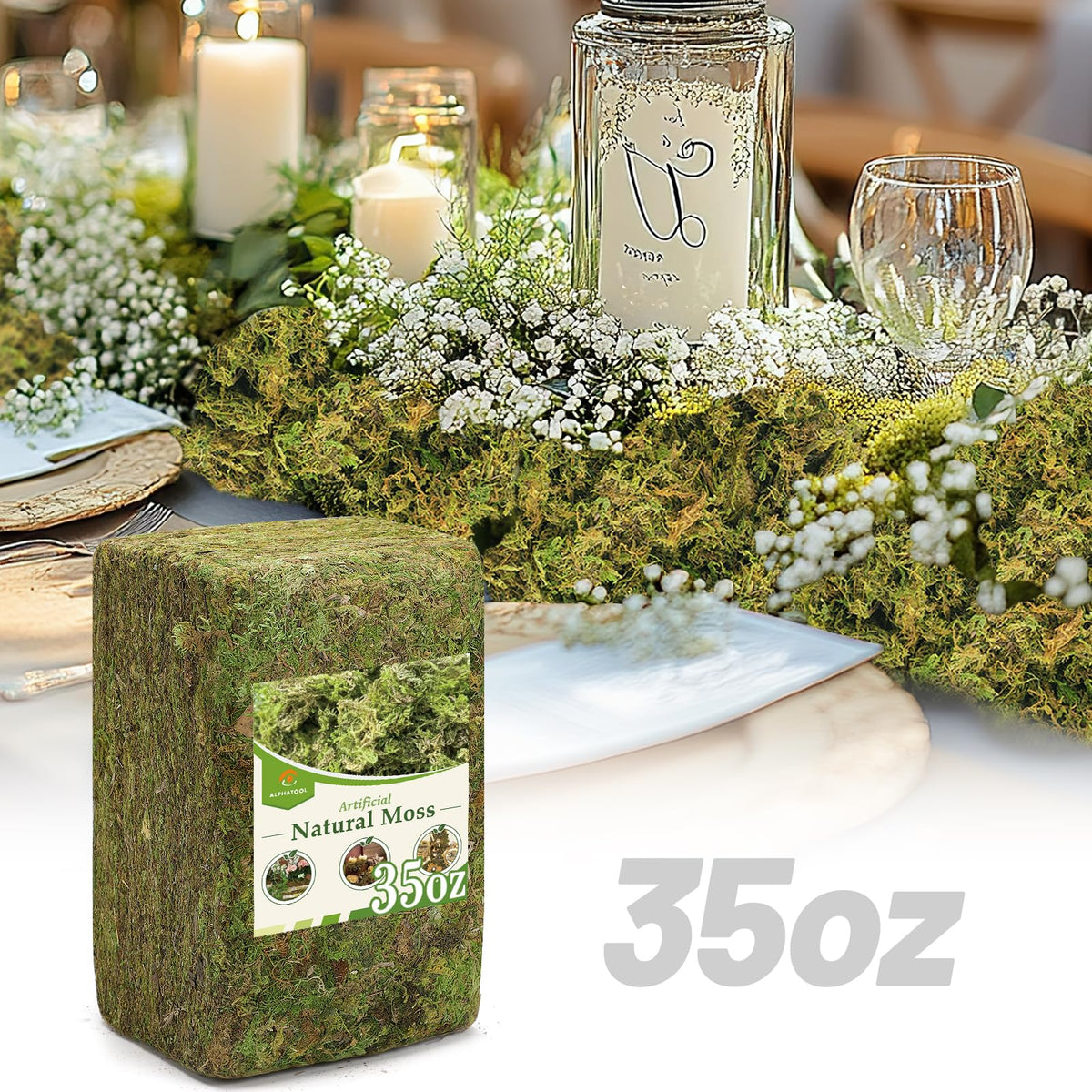 Alphatool 35oz Jumbo Pack Natural Green Moss for Crafts - Bulk Moss for Plants Indoor, Artificial Fairy Gardens, Mosswall, Filling Fake Plants, Floral Design, Home Decoration, Professional DIY Use
