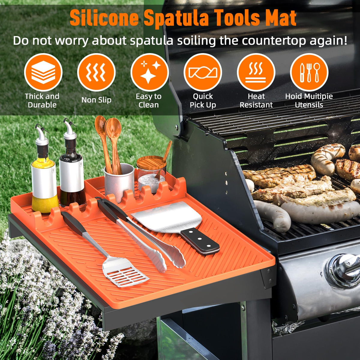 Silicone Grill Mat Compatible with Blackstone, BBQ Griddle Tools Mat with Drip Pad, Spatula Mat for Outdoor Kitchen Counter, Gifts for Men (Orange)