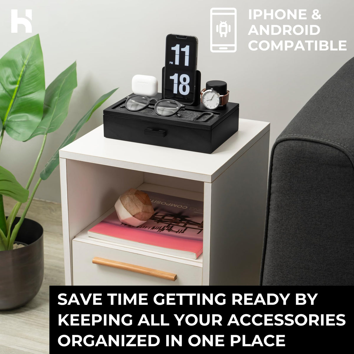 Holme & Hadfield Premium Wooden Phone Docking Station with Drawer – Nightstand Organizer for Charging Phone & Earbuds – Declutter Your Space with Felt-Lined Protection & Watch Pillar – Gift For Men