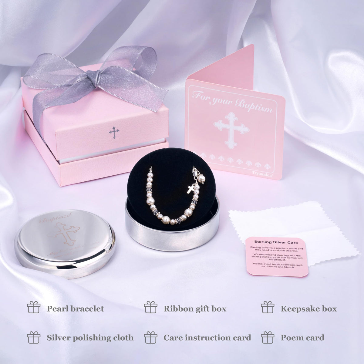 Tryuunion Baptism Bracelet in Sterling Silver and Cultured Pearls for Baby Girls, with Silver-plated Jewelry Keepsake Box, Great Catholic Christening and Baptism Gifts for Girl
