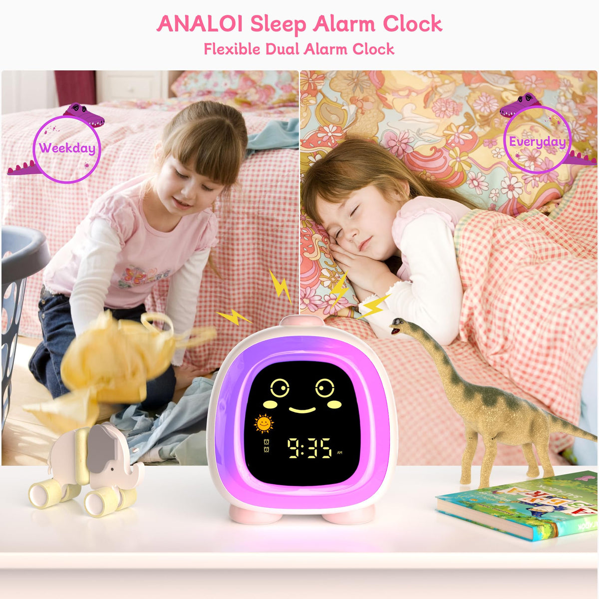 ANALOI Alarm Clock for Kids, Kids Alarm Clock Ok to Wake Cute Night Light for Bedroom, Toddlers Sleep Training Clock Stay in Bed, Dinosaur Birthday Gift for Kids Boys Girls