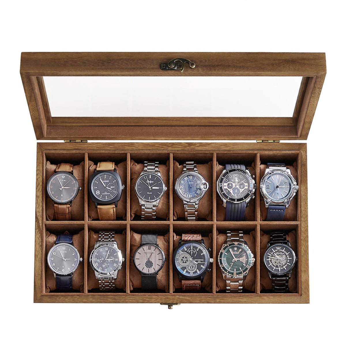 SONGMICS 12-Slot Watch Box, Watch Display Case with Large Glass Lid, Removable Watch Pillows, Velvet Lining, Gift Idea, Rustic Walnut UJOW120K01