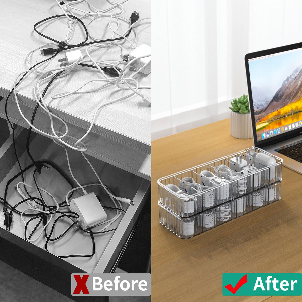 Tamomic Cable Storage Boxes Organizers 2 Pack,Cord Charger Storage Organizer Box Case with 20pcs Cable Ties,Stackable,Clear