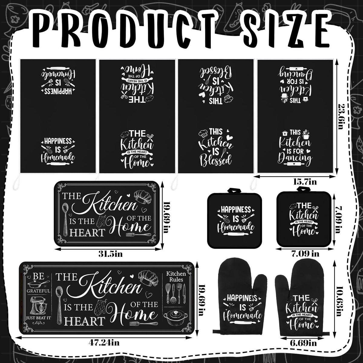 Fourluoo 10 Pcs Farmhouse Kitchen Decor and Accessories Set 4 Kitchen Towels 2 Pot Holders 2 Oven Mitts 2 Rugs for Cooking Baking Mom Housewarming Gifts(Black,Classic Style)