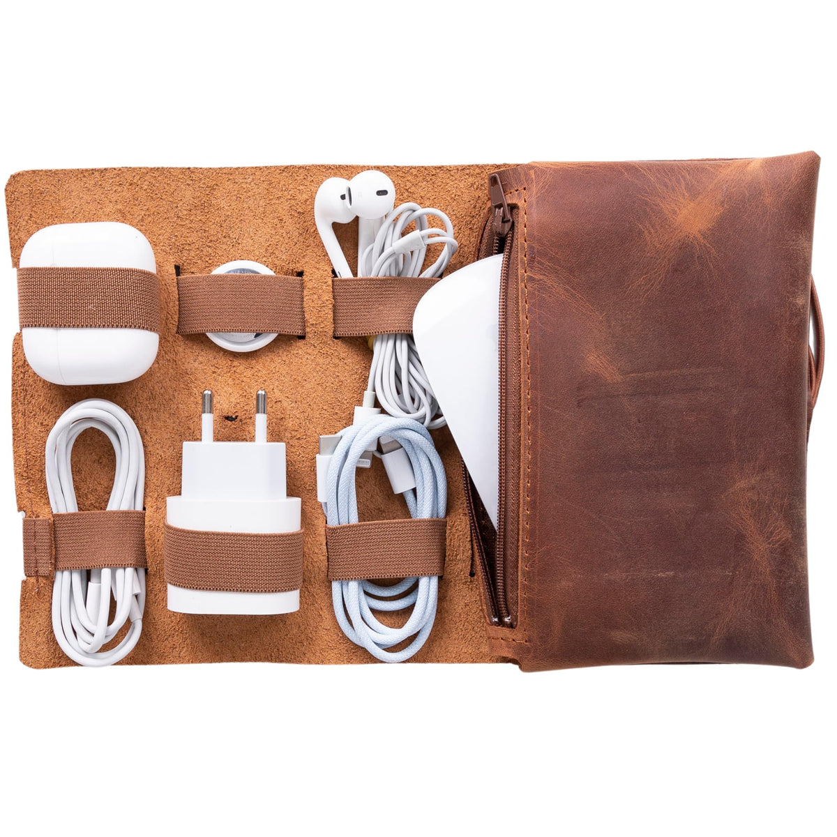 HARDISTON Custom Genuine Leather Electronic Cable Organizer Bag Handmade Travel Cord Organizer Roll Case for Hard Drives, Cables, Charger, Phone, USB, SD Card (Medium - Brown)