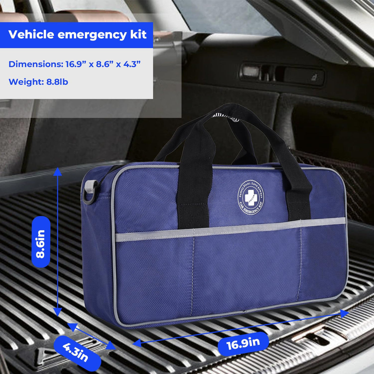 All-in-One Car Emergency Kit with Digital Tire Inflator, Jumper Cable, Tow Strap, Reflective Triangle, First Aid Kit, Hand Crank Flashlight, and Repair Tools for Roadside Safety (Blue)