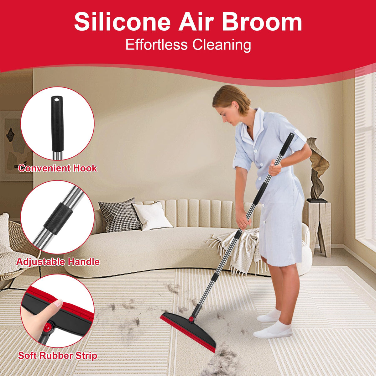 UDUK Broom with Dustpan Combo Set and Silicone Air Broom Kit, 51" Long Handle Floor Squeegee, Red Household Kit for Glass Window Rugs Pet Hair Home