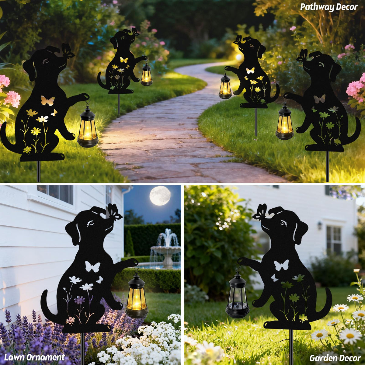 Dog Outdoor Solar Lantern Waterproof, Birthday Gifts for Christmas Women Mom, Solar Hanging Lights with Butterfly Metal Figurine, Garden Decor Outside Patio Yard Pathway Backyard Ornaments, 2 Pack